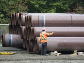 Pipeline pipes are stored at a Trans Mountain facility near Hope, B.C.