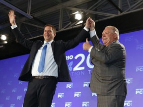 Federal Conservative leader Andrew Scheer is congratulated by Ontario Premier Doug Ford at the Ontario PC Convention 2018 held at the Toronto Congress Centre on Saturday November 17, 2018.