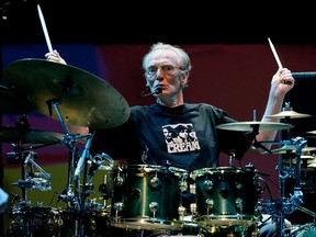 Drummer Ginger Baker of the Legendary supergroup Cream performs during a concert at the Royal Albert Hall in London, Britain May 2, 2005.