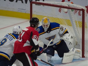 St. Louis Blues goalie jake Allen makes a save on a shot from Ottawa Senators centre Artem Anisimov in the third period at the Canadian Tire Centre.