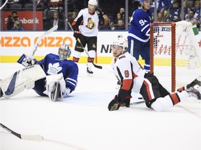 Ottawa Senators right wing Bobby Ryan (9) scores a goal on Toronto Maple Leafs goaltender Frederik Andersen (31) during the third period at Scotiabank Arena.