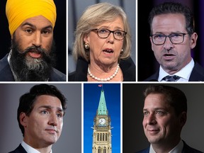 Clockwise from top left: Jagmeet Singh, Elizabeth May, Yves-François Blanchet, Andrew Scheer and Justin Trudeau.