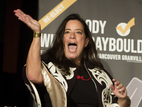 Independent MP Jody Wilson-Raybould waves to supporters in Vancouver on Oct. 21, 2019.