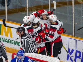 The 67’s celebrate one of their six goals against the visiting Mississauga Steelheads on Friday night in Ottawa. (Valerie Wutti Photo)