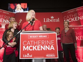 Liberal candidate Catherine McKenna celebrates her win with her supporters for the Ottawa Centre riding on the day of the federal election on Monday, Oct. 21, 2019.
