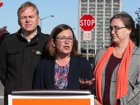 NDP candidate  Morgan Gay (Ottawa South), Emilie Taman (Ottawa Centre) and Angella MacEwen Ottawa West-Nepean) making an announcement on Phoenix at Tunney's pasture in Ottawa Tuesday Oct 8, 2019.