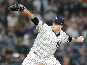 New York Yankees starting pitcher James Paxton (65) works against the Houston Astros in Game 5 of the 2019 at Yankee Stadium. (Brad Penner-USA TODAY Sports)