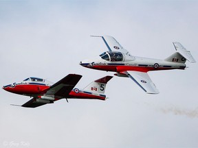 Two Snowbird jets flying during the recent air show in Gatineau Quebec. Snowbird #5 crashed on Sunday during an air show in Atlanta Georgia. The pilot ejected and no injuries were reported.