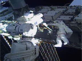 U.S. astronaut Jessica Meir walks outside the International Space Station (ISS), in this still image taken from NASA video, October 18, 2019. NASA TV/REUTERS  ATTENTION EDITORS - THIS IMAGE HAS BEEN SUPPLIED BY A THIRD PARTY. ORG XMIT: GDN088