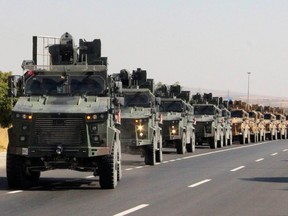 A Turkish miltary convoy is pictured in Kilis near the Turkish-Syrian border, Turkey, October 9, 2019.