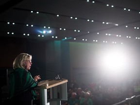 Green Party Leader Elizabeth May addresses candidates and supporters during a rally in Vancouver, Saturday, Oct. 19, 2019.