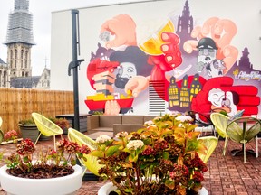 Hilton Antwerp Old Town’s outdoor patio collage is a visual celebration of the city’s art, history and architecture.
