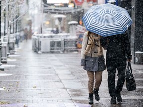 Two pedestrians take shelter from the windy snow.