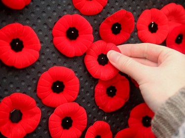 People lined up to place their poppies around a wreath following the Remembrance Day ceremony at the Manotick Monday (Nov. 11, 2019).