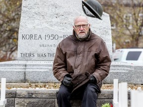 Harold Hellam at the cenotaph in Veterans Memorial Park in Smiths Falls. His brother Alfie fought in the Korean War.