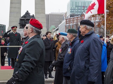 Veterans on parade past Canada's Governor General, Her Excellency the Right Honourable Julie Payette (L), and Prime Minister Justin Trudeau following Remembrance Day ceremonies at the National War Memorial in Ottawa. November 11, 2019.