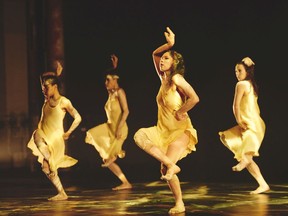 The Bangarra Dance Theatre's women's ensemble are seen here in the action.