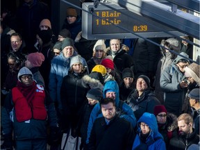 Passengers pile up on the platform at Tunney's Pasture LRT Wednesday. OC Transpo did not post any notifications of delays, but there were a number of complaints on Social media.