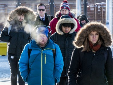 Ottawa residents deal with record low temperatures on their way to work at Tunney's Pasture. November 13, 2019.