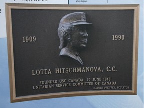A plaque featuring Lotta Hitschmanova, best known for her work with the Unitiarian Service Committee.