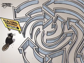 UPLOADED BY: Malcolm Mayes ::: EMAIL: mmayes@artizans.com ::: PHONE: 780-288-3542 ::: CREDIT: Malcolm Mayes ::: CAPTION: Canada poised to enter confusing Electoral Reform maze. (Cartoon by Malcolm Mayes)