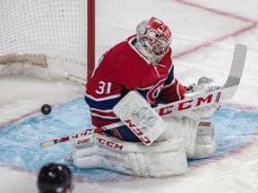 Montreal Canadiens' Carey Price is having another rough night as the puck gets past him during second period against the New Jersey Devils at the Bell Centre in Montreal on Nov. 28, 2019.