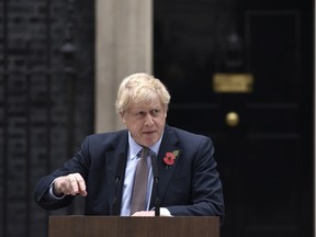 British Prime Minister Boris Johnson gestures as he addresses the nation at 10 Downing Street on November 6, 2019 in London, England.  Earlier today the British Prime Minister visited Queen Elizabeth II at Buckingham Palace to officially mark the dissolution of Parliament ahead of a December 12th General Election. This will be the first winter election held in the U.K. for nearly a century, with the 1923 election producing a hung parliament.