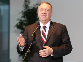 Secretary of State Mike Pompeo speaks during a press statement at the German Chancellery on November 8, 2019 in Berlin, Germany.