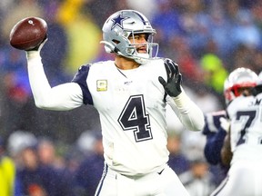 Dak Prescott of the Dallas Cowboys throws the ball during a game against the New England Patriots at Gillette Stadium on Sunday in Foxborough, Massachusetts.