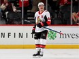 Jean-Gabriel Pageau of the Ottawa Senators celebrates his hat trick in the third period after he scored an empty-net goal against the New Jersey Devils at Prudential Center on Wednesday, Nov. 13, 2019 in Newark.