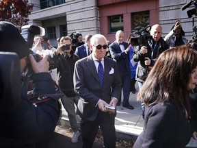 Former advisor to U.S. President Donald Trump, Roger Stone, departs the E. Barrett Prettyman United States Courthouse with his wife Nydia (R) after being found guilty of obstructing a congressional investigation into Russias interference in the 2016 election on November 15, 2019 in Washington, DC. Stone faced seven felony charges and was found guilty on all counts.