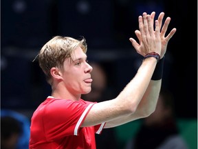 Denis Shapovalov of Canada celebrates victory in his match against Taylor Fritz of the United States during Day 2 of the 2019 Davis Cup in Madrid on Tuesday.