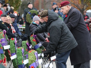 96-year old Retired Major Jack Commerford, a veteran ff the Second World War who landed on Juno Beach, lays a wreath during Remembrance Day Ceremony at the National Military Cemetery, November 11, 2019.