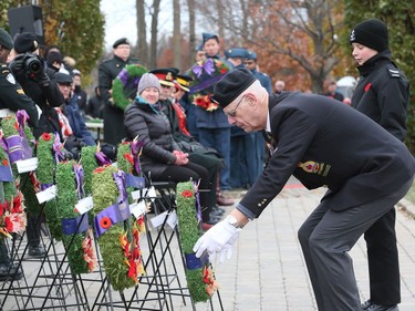 District G Deputy Commander George Wood, lays a wreath on behalf of the Royal Canadian Legion during the Remembrance Day Ceremony at the National Military Cemetery, November 11, 2019.