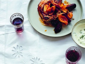In Pork Chops Baked with Beets and Apples, the sour cream cuts the sweetness. The recipe is from Diana Henry's From The Oven To The Table.