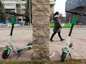 Lime electric scooters are seen outside of City Hall in downtown Edmonton, on Friday, Nov. 1, 2019.
