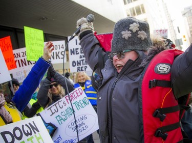 Karen Inwood rallied the crowd during Saturday's gathering.