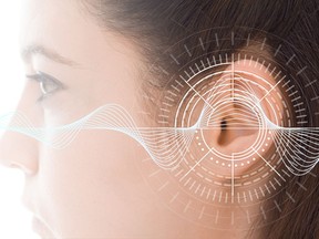 Hearing test showing ear of young woman with sound waves simulation technology - isolated on white banner