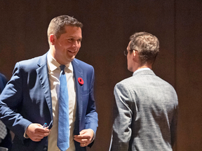 Conservative Leader Andrew Scheer leaves after participating in a vote for caucus chair, during a caucus meeting on Parliament Hill, Nov. 6, 2019.