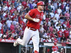 Los Angeles Angels centre-fielder Mike Trout rounds the bases after hitting a home run.