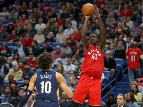 Toronto Raptors forward Pascal Siakam (43) shoots over New Orleans Pelicans center Jaxson Hayes (10) in the second quarter at the Smoothie King Center.