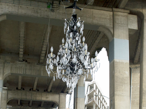 Vancouver’s latest public art installation — a giant chandelier — hangs under the Granville Street Bridge.