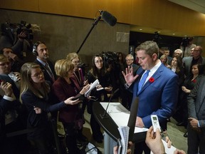 Conservative leader Andrew Scheer speaks to reporters following a caucus meeting on Parliament Hill Nov. 6.