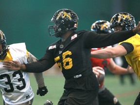 Hamilton Tiger-Cat defensive end Ja'Gared Davis is shown at the Macron Performance Centre in Calgary preparing for Grey Cup 2019.