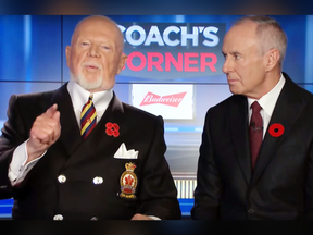 Don Cherry and co-host Ron MacLean on the Nov. 11, 2019, episode of Coach’s Corner. Cherry was fired two days later.