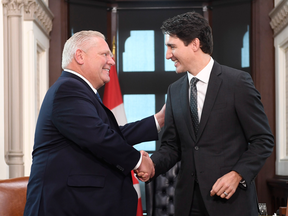 Ontario Premier Doug Ford meets with Prime Minister Justin Trudeau on Parliament Hill in Ottawa on Nov. 22, 2019.