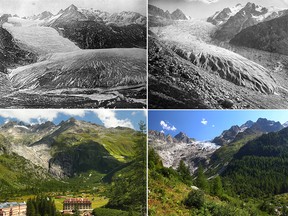 A combination picture (left) shows the Rhone Glacier as it was in 1849 (top), seen from Gletsch in Obergoms, Switzerland and on August 21, 2019 (bottom). 

A combination picture shows (right) the Trient Glacier as it was in 1891 (top), seen in Trient, Switzerland and on August 26, 2019 (bottom).