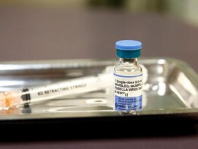 A vial of the measles, mumps and rubella (MMR) vaccine at the International Community Health Services clinic in Seattle, Wash.