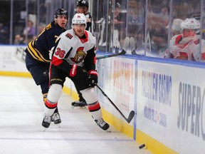 Ottawa Senators center Colin White shoots the puck along the boards during the second period against the Buffalo Sabres at KeyBank Center.