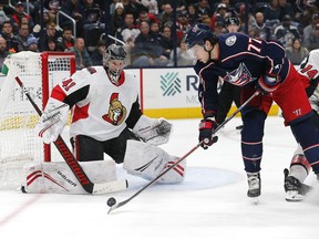 Columbus Blue Jackets right wing Josh Anderson backhands a shot on goal against the Ottawa Senators during the second period at Nationwide Arena on Monday.